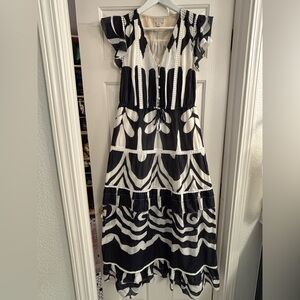 Point Sur black and white large floral/geometric pattern dress.